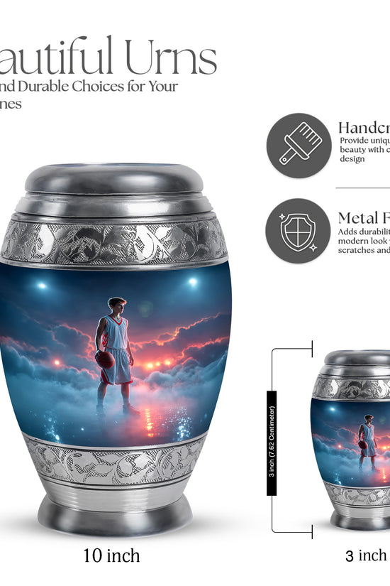 Soft Blue Basketball Cremation Urn lifestyle display on memorial shelf - royal basketball engraving with decorative scrollwork - mini keepsake memorial for portion of cremation ashes