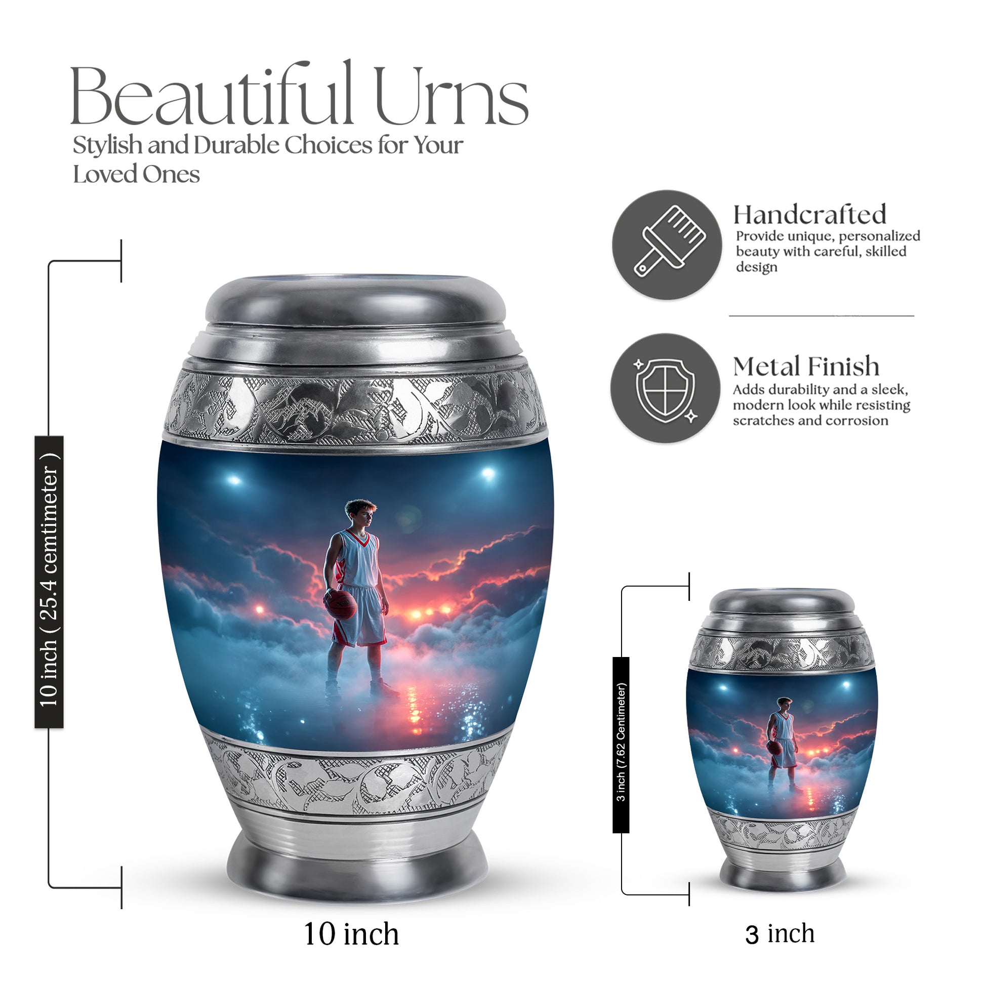 Soft Blue Basketball Cremation Urn lifestyle display on memorial shelf - royal basketball engraving with decorative scrollwork - mini keepsake memorial for portion of cremation ashes
