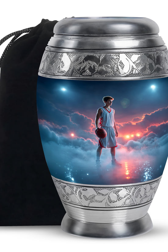 Icy Blue Basketball Cremation Urn back view with polished surface - regal basketball design with crown-inspired accents - full-size 10 inch 200 cubic inch adult cremation urn
