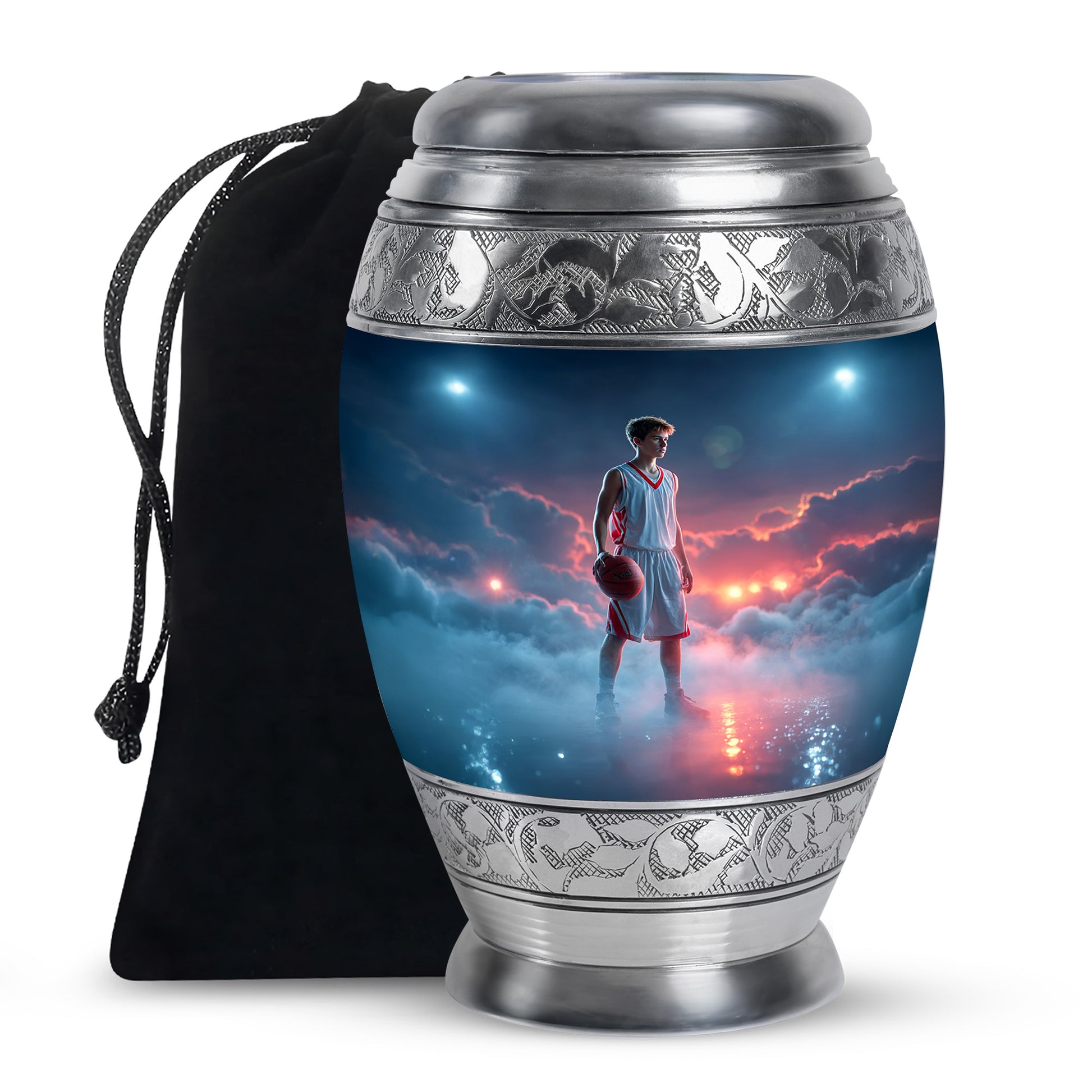 Icy Blue Basketball Cremation Urn back view with polished surface - regal basketball design with crown-inspired accents - full-size 10 inch 200 cubic inch adult cremation urn