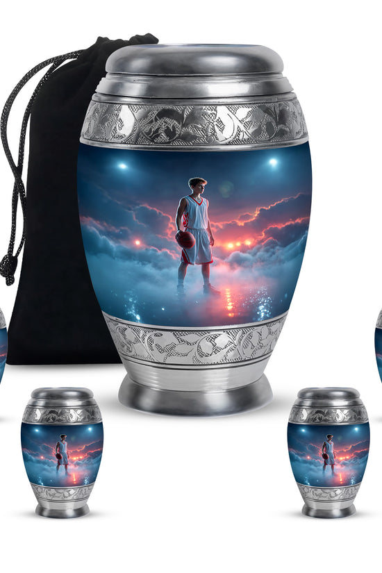 Indigo Basketball Cremation Urn detail view - regal basketball design with crown-inspired accents - memorial set with one large and four small urns