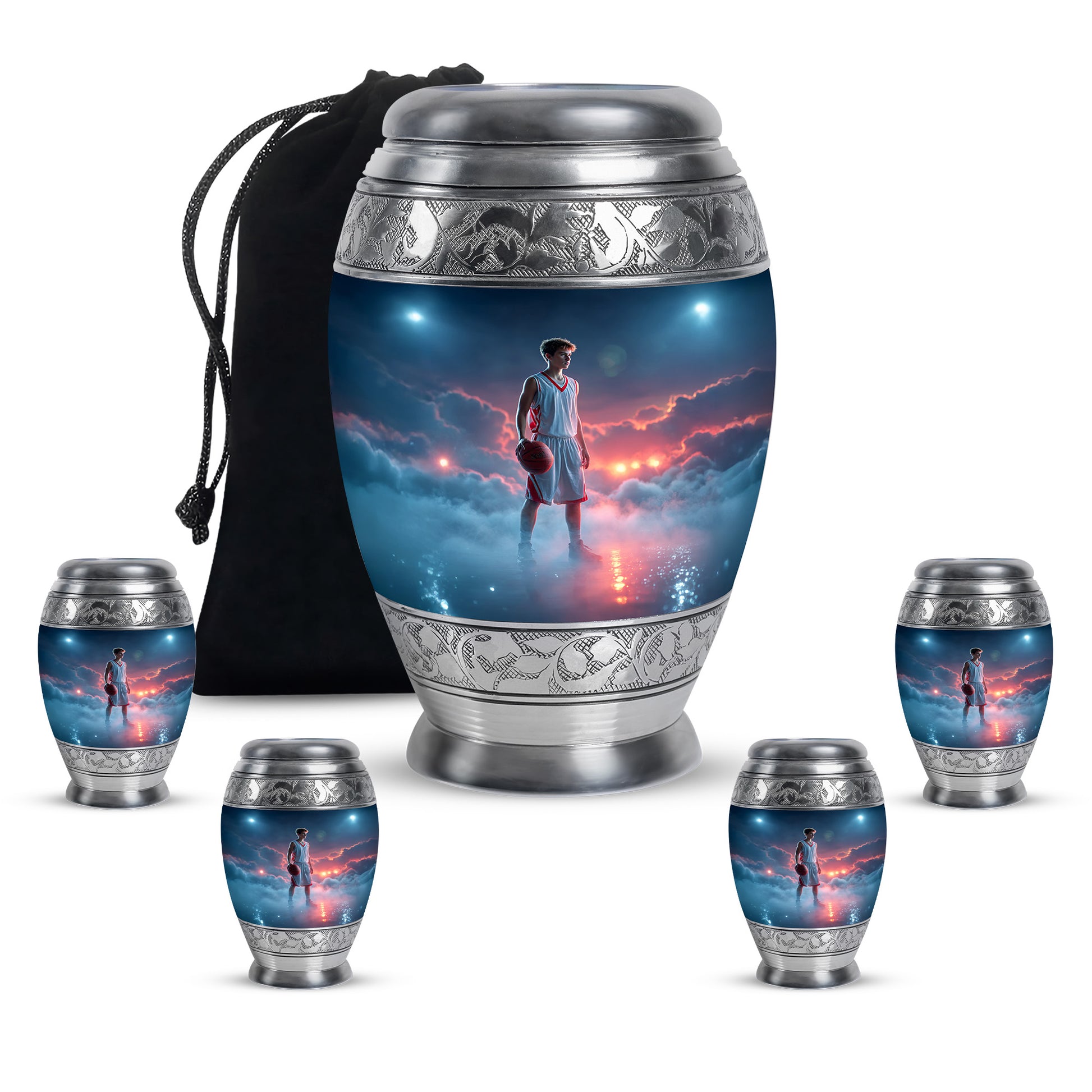 Indigo Basketball Cremation Urn detail view - regal basketball design with crown-inspired accents - memorial set with one large and four small urns