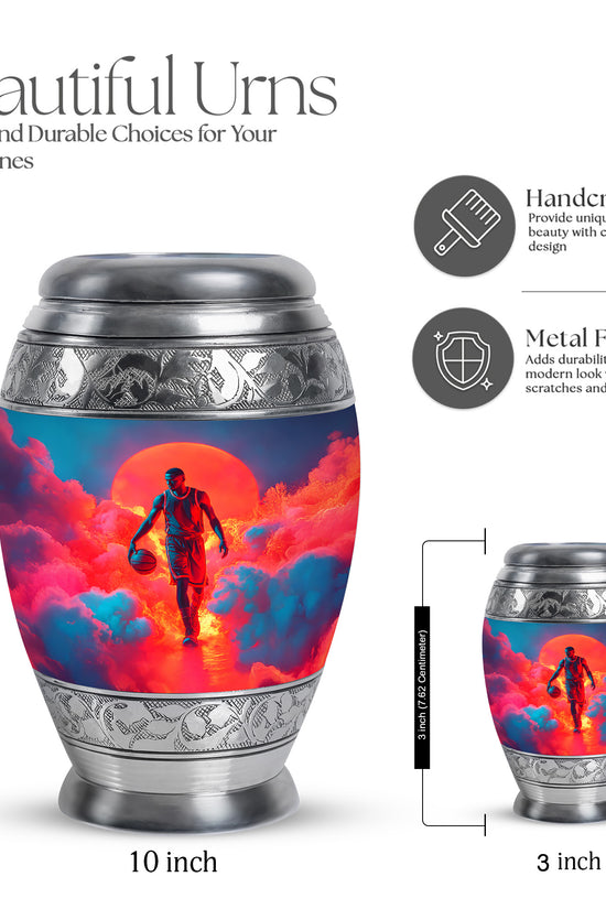 Indigo Basketball Cremation Urn lifestyle display on memorial shelf - ornate monarch-style basketball relief on brushed aluminum - mini keepsake memorial for portion of cremation ashes