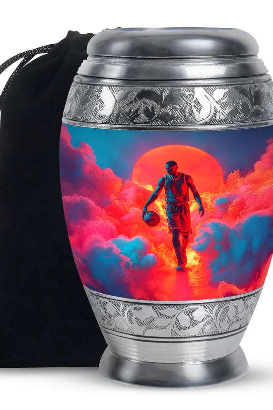 Sky Blue Basketball Cremation Urn back view with polished surface - ornate monarch-style basketball relief on brushed aluminum - full-size 10 inch 200 cubic inch adult cremation urn