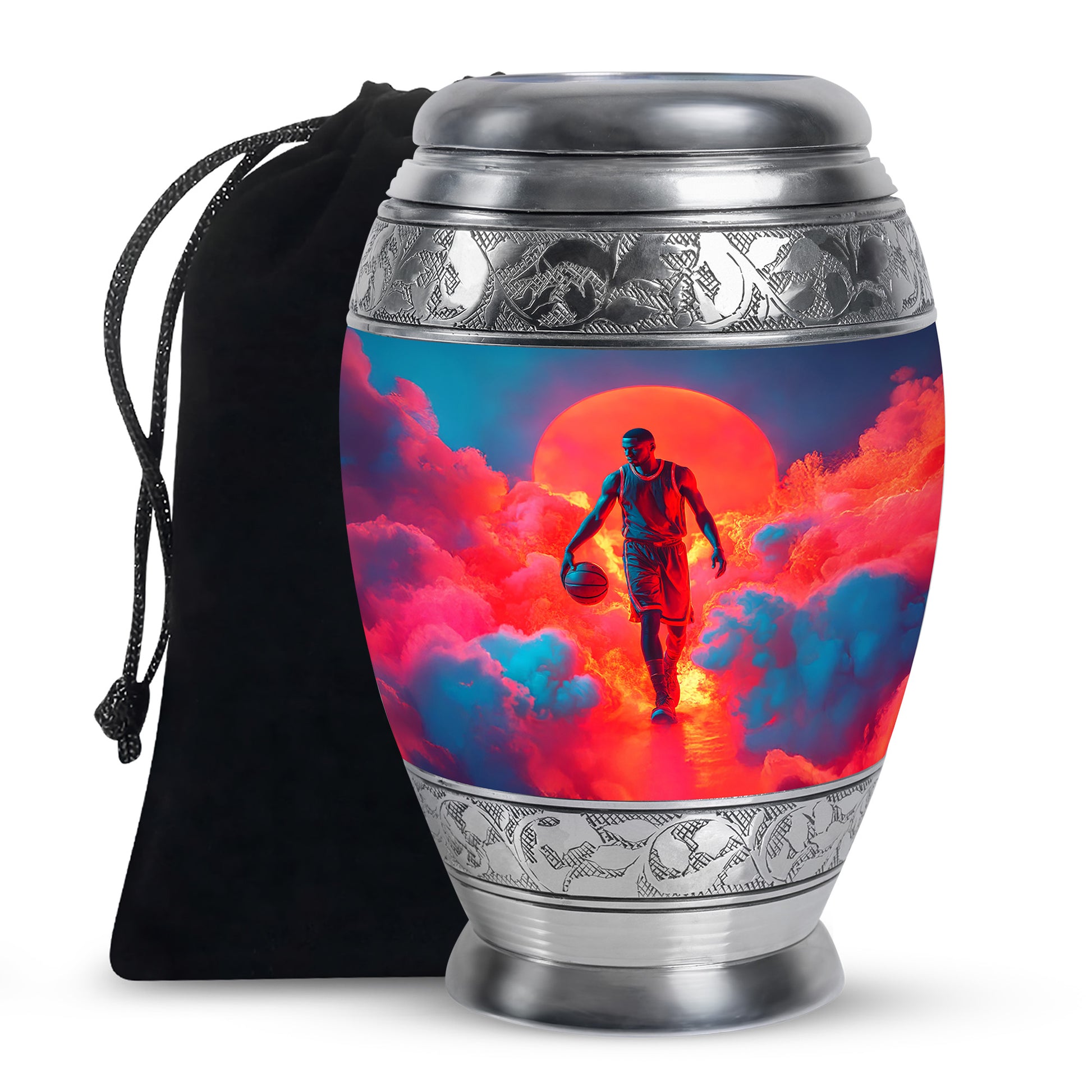 Sky Blue Basketball Cremation Urn back view with polished surface - ornate monarch-style basketball relief on brushed aluminum - full-size 10 inch 200 cubic inch adult cremation urn