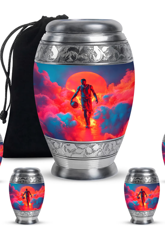 Sapphire Blue Basketball Cremation Urn detail view - royal basketball engraving with decorative scrollwork - memorial set with one large and four small urns