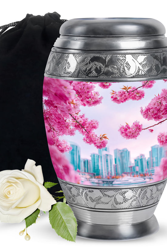 Cherry Blossom Cremation Urn- Pink Floral Memorial Urn For Burial