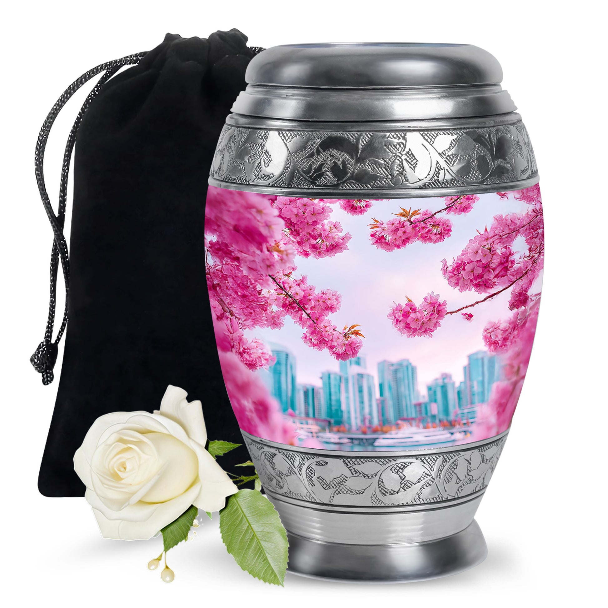 Cherry Blossom Cremation Urn- Pink Floral Memorial Urn For Burial