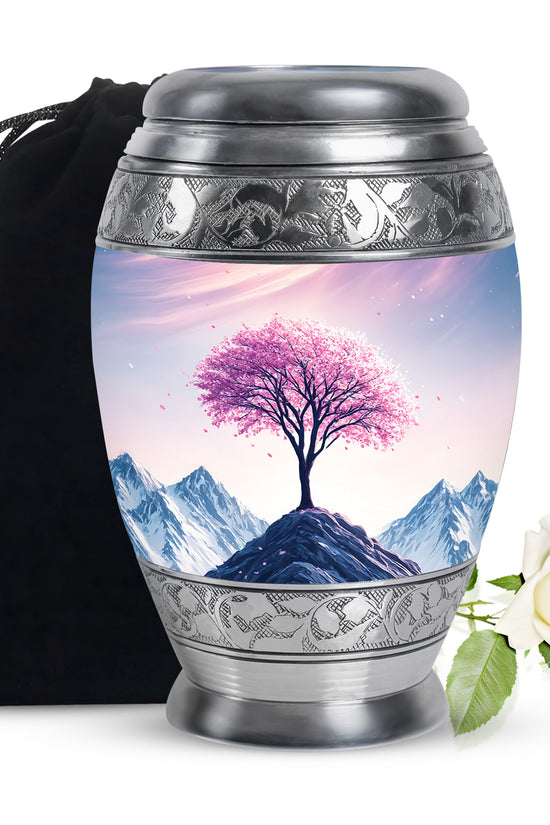 Floral Tree Peak Cremation Urn – Pink Blossom Memorial Urn For Ashes