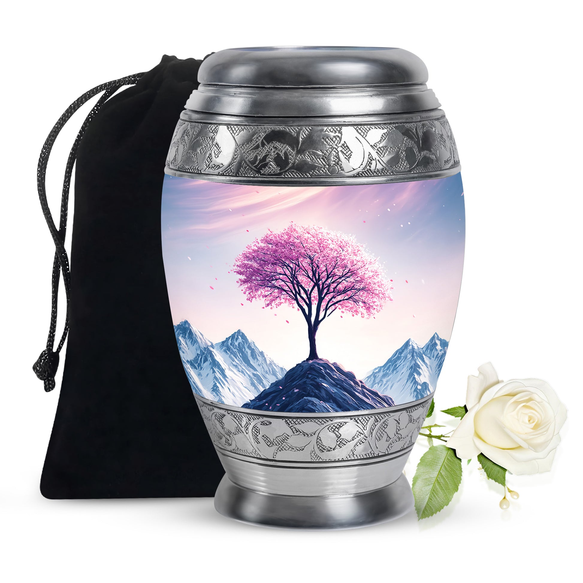 Floral Tree Peak Cremation Urn – Pink Blossom Memorial Urn For Ashes