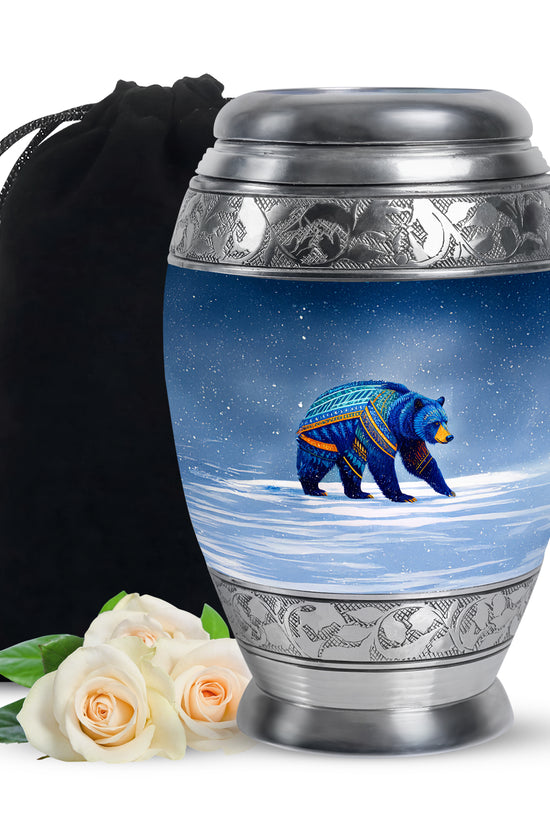 Blue Bear Cremation Urn - Tribal Wildlife Memorial Urn For Ashes