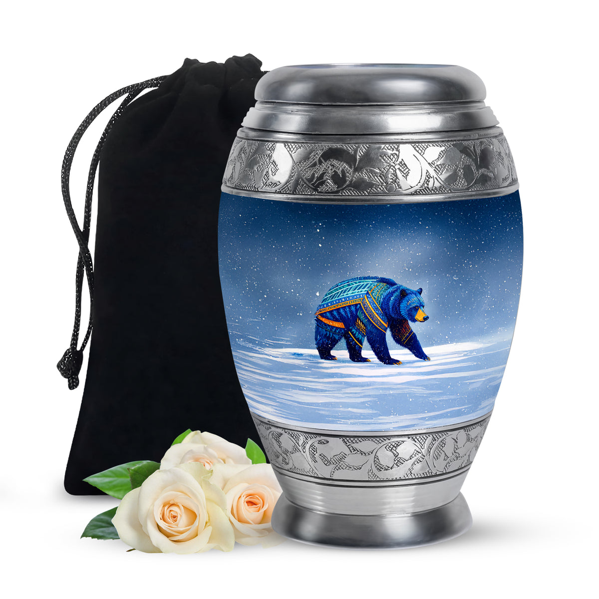 Blue Bear Cremation Urn - Tribal Wildlife Memorial Urn For Ashes