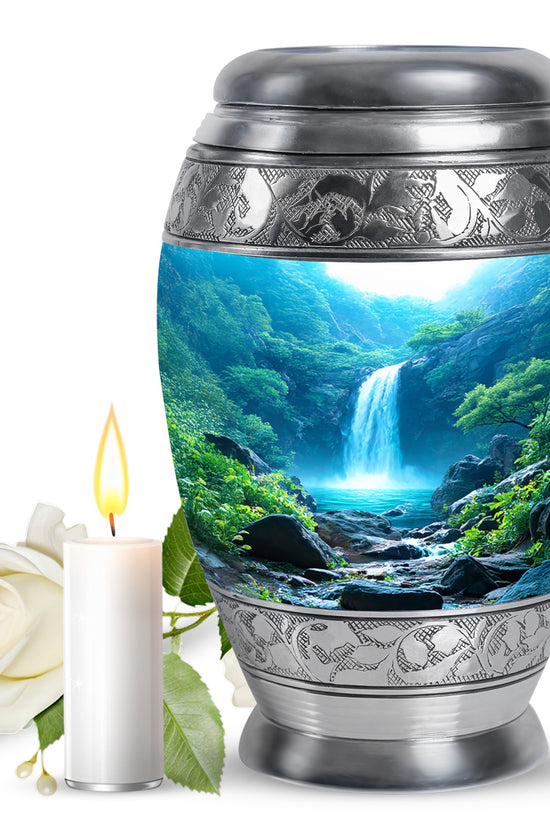 Scenic Waterfall Funeral Urn - Blue Aluminium Cremation Urn For Adult Ashes