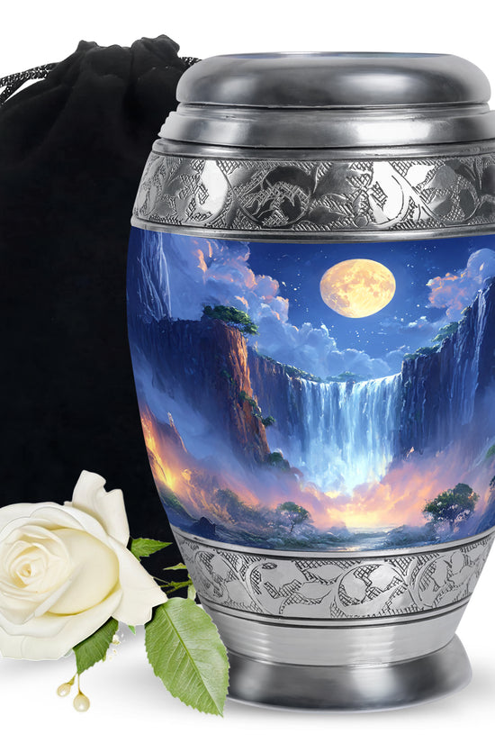 Beautiful Nature Theme Cremation Urn - Blue Aluminium Memorial Urn For Human Ashes