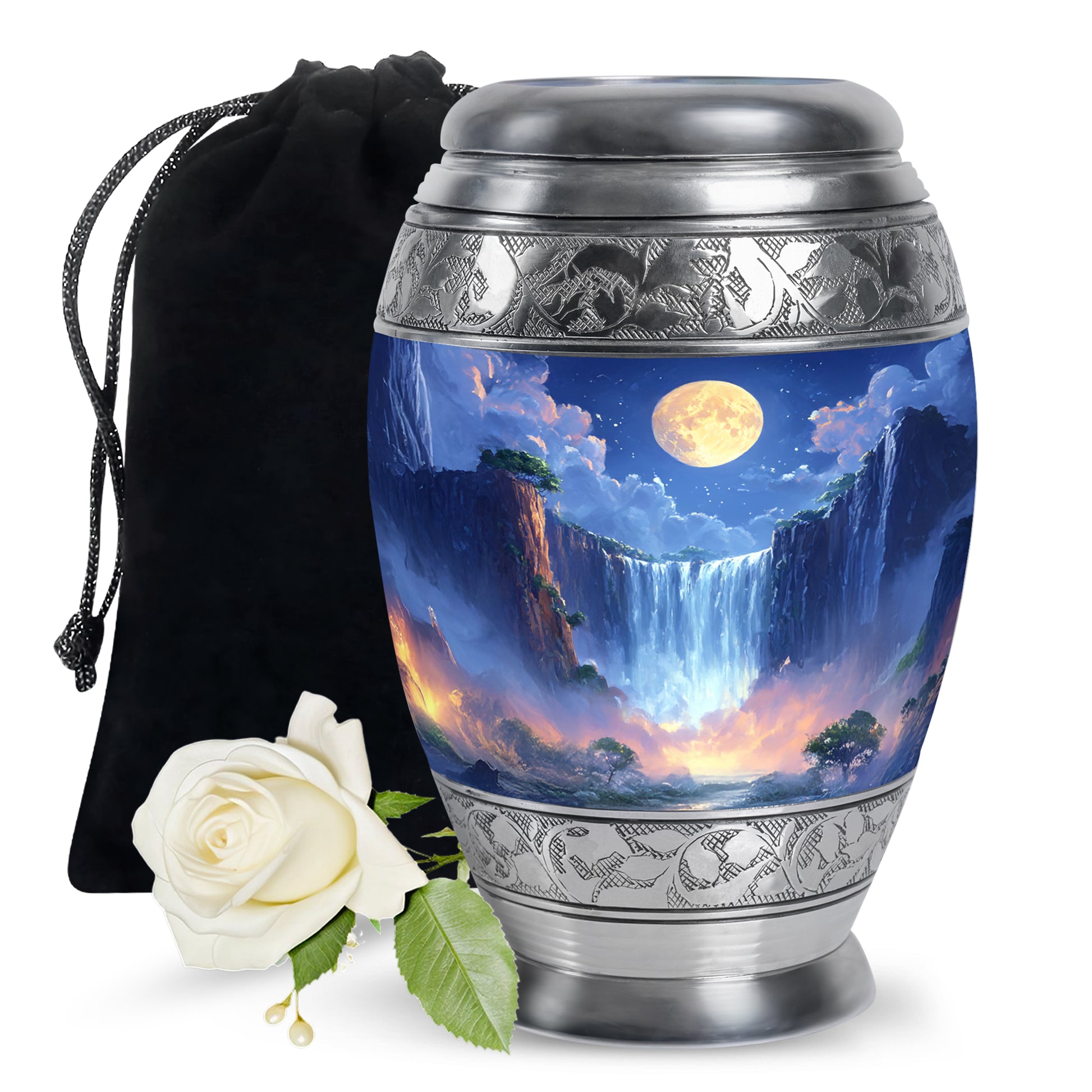 Beautiful Nature Theme Cremation Urn - Blue Aluminium Memorial Urn For Human Ashes