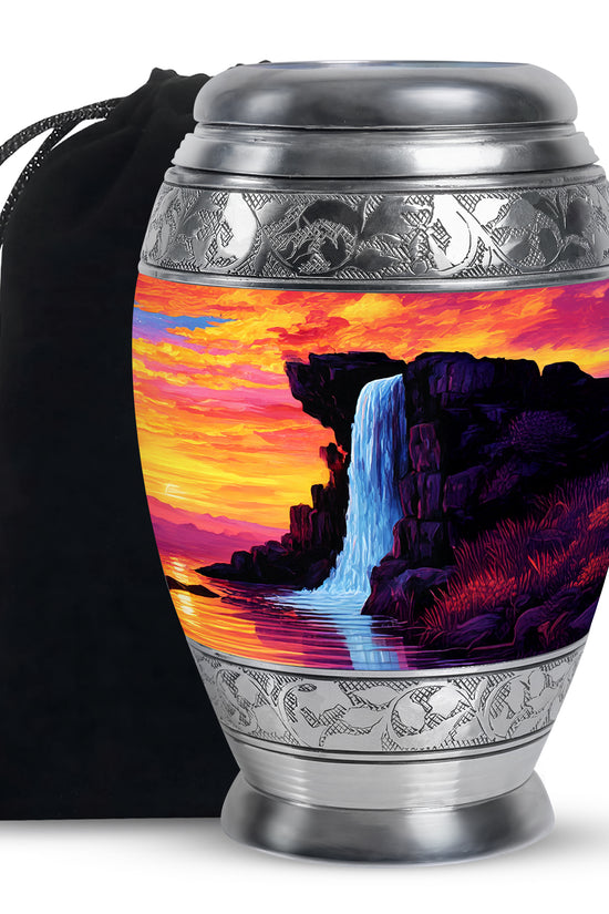 Mountain Waterfall Funeral Urn - Orange Aluminium Memorial Urn For Burial