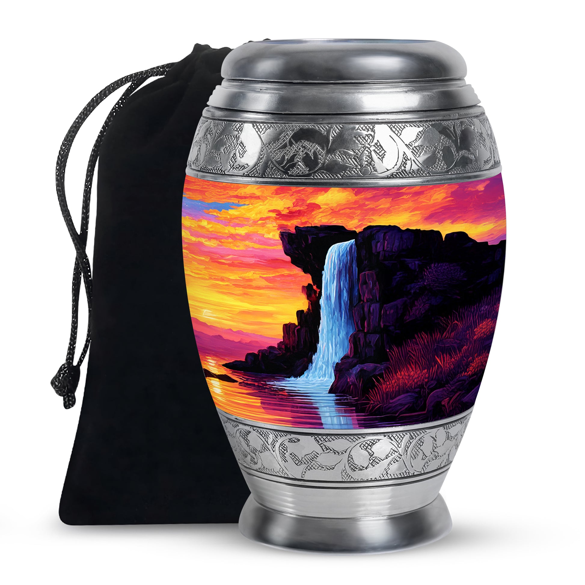 Mountain Waterfall Funeral Urn - Orange Aluminium Memorial Urn For Burial