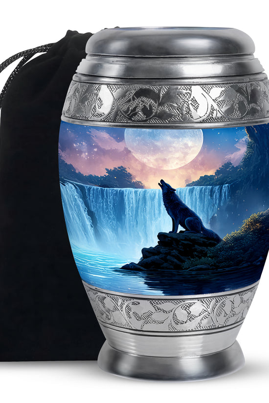Mountain Waterfall Cremation Urn - Wolf Memorial Urn For Adult Ashes