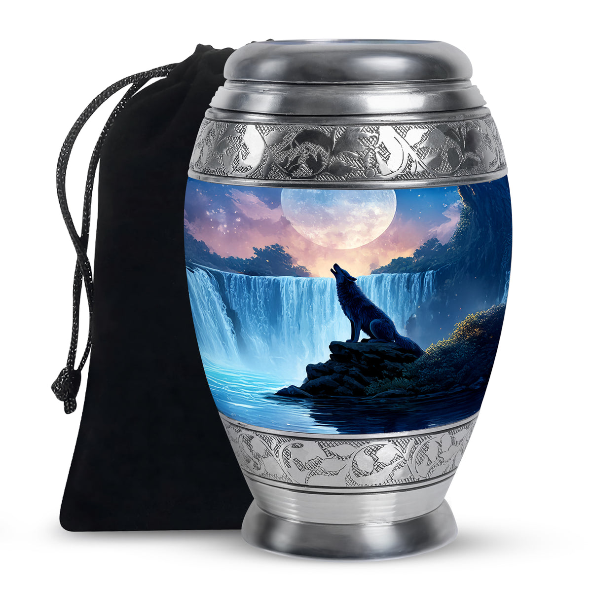 Mountain Waterfall Cremation Urn - Wolf Memorial Urn For Adult Ashes