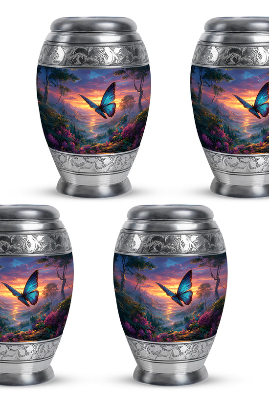 Azure Butterfly Cremation Urn urn with complimentary velvet bag - ornate monarch-style butterfly relief on brushed aluminum - 10 inch aluminum urn for cremated remains