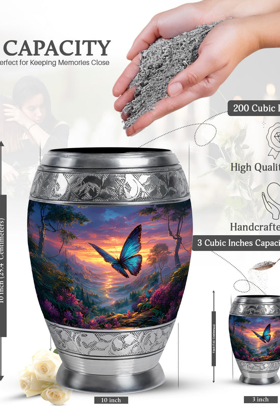 Soft Blue Butterfly Cremation Urn lifestyle display on memorial shelf - majestic butterfly pattern with filigree border - mini keepsake memorial for portion of cremation ashes