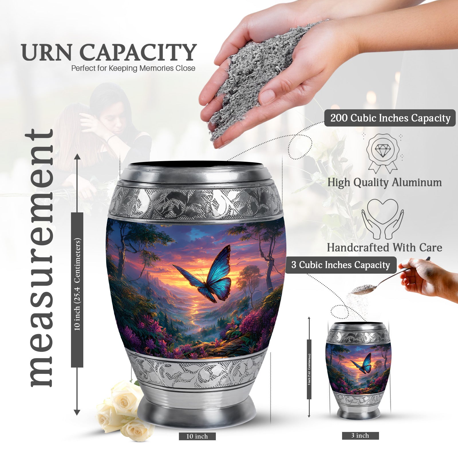 Soft Blue Butterfly Cremation Urn lifestyle display on memorial shelf - majestic butterfly pattern with filigree border - mini keepsake memorial for portion of cremation ashes