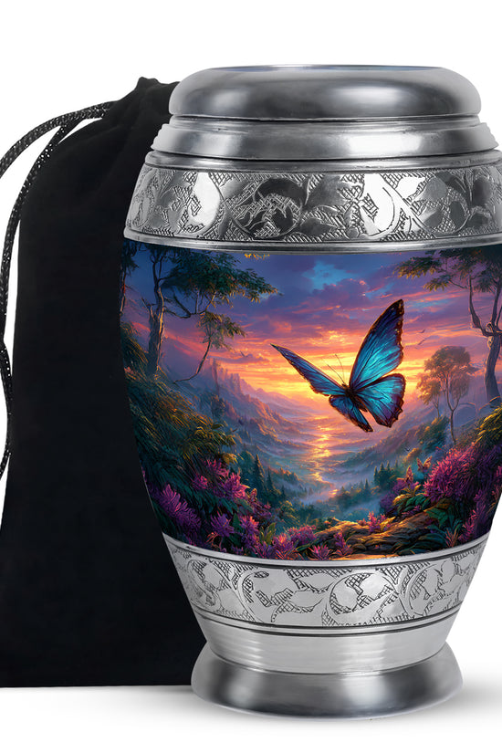 Indigo Butterfly Cremation Urn back view with polished surface - regal butterfly design with crown-inspired accents - full-size 10 inch 200 cubic inch adult cremation urn