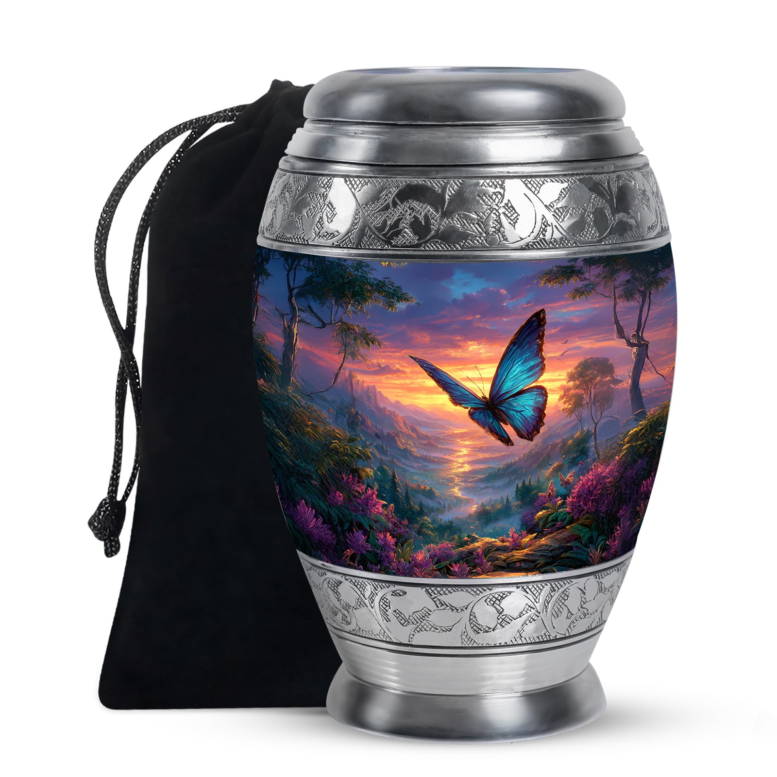 Indigo Butterfly Cremation Urn back view with polished surface - regal butterfly design with crown-inspired accents - full-size 10 inch 200 cubic inch adult cremation urn