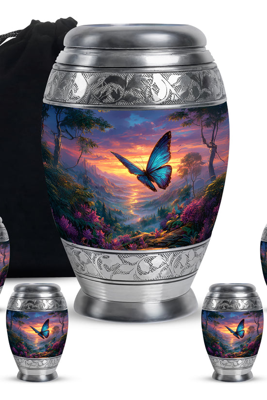 Twilight Blue Butterfly Cremation Urn detail view - royal butterfly engraving with decorative scrollwork - memorial set with one large and four small urns
