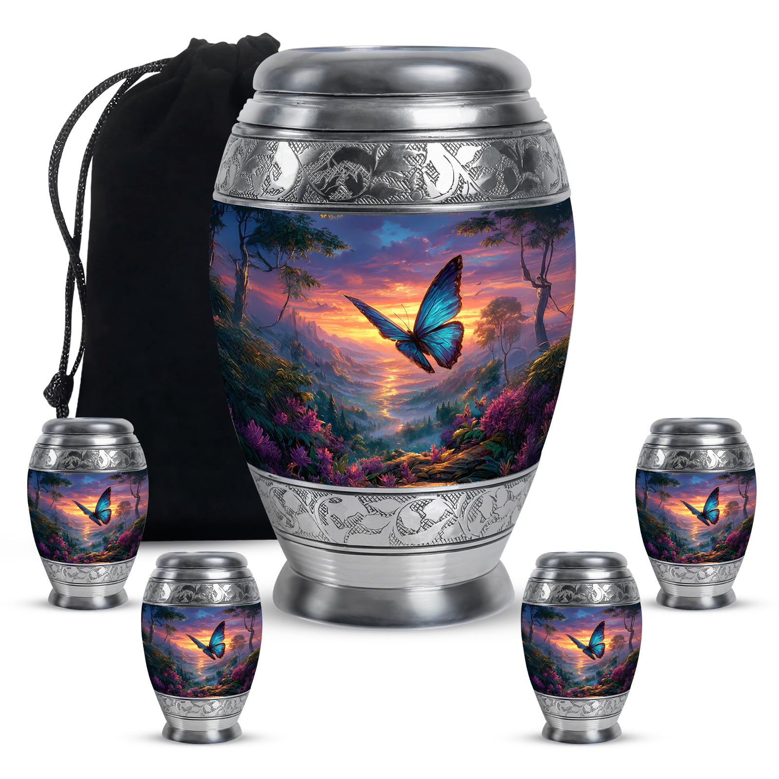Twilight Blue Butterfly Cremation Urn detail view - royal butterfly engraving with decorative scrollwork - memorial set with one large and four small urns