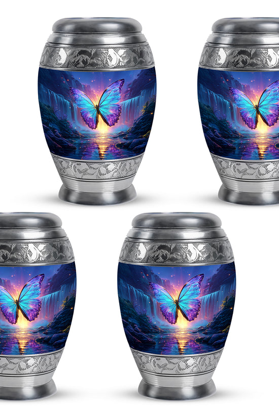 Navy Blue Butterfly Cremation Urn urn with complimentary velvet bag - ornate monarch-style butterfly relief on brushed aluminum - 10 inch aluminum urn for cremated remains