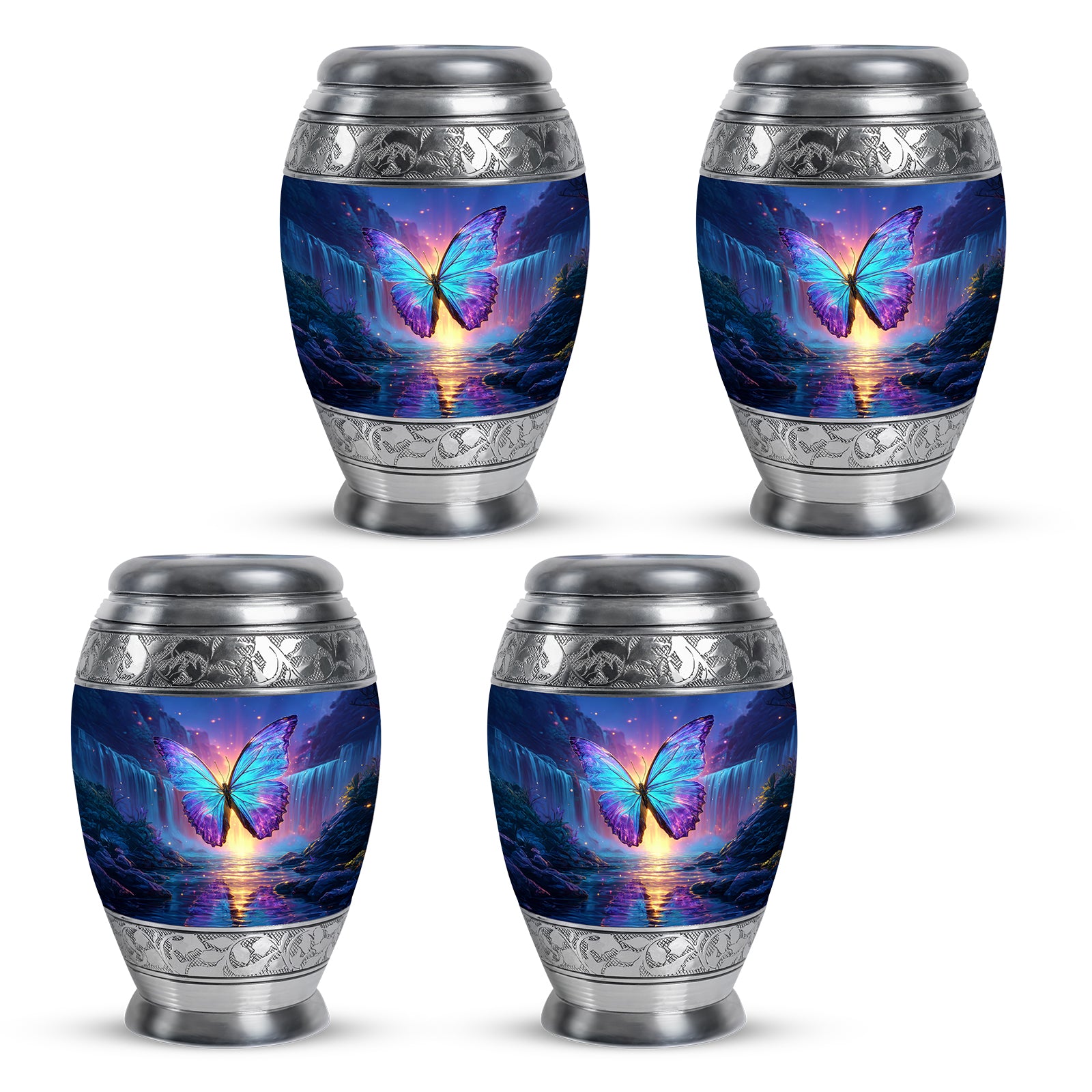 Navy Blue Butterfly Cremation Urn urn with complimentary velvet bag - ornate monarch-style butterfly relief on brushed aluminum - 10 inch aluminum urn for cremated remains