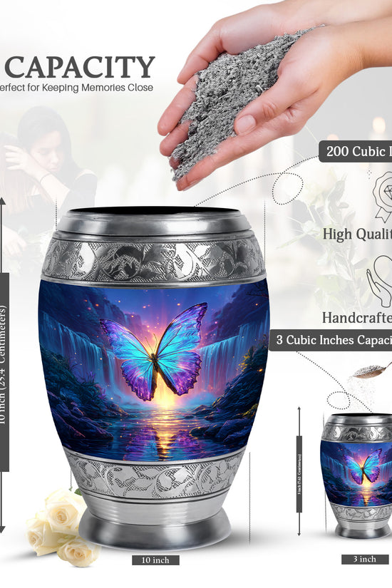 Soft Blue Butterfly Cremation Urn lifestyle display on memorial shelf - majestic butterfly pattern with filigree border - mini keepsake memorial for portion of cremation ashes