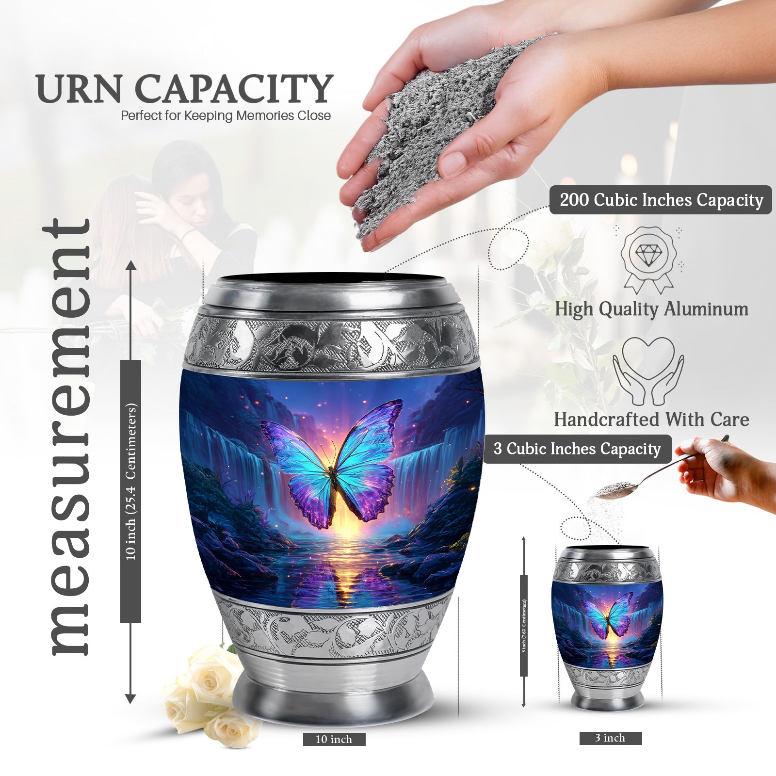 Soft Blue Butterfly Cremation Urn lifestyle display on memorial shelf - majestic butterfly pattern with filigree border - mini keepsake memorial for portion of cremation ashes