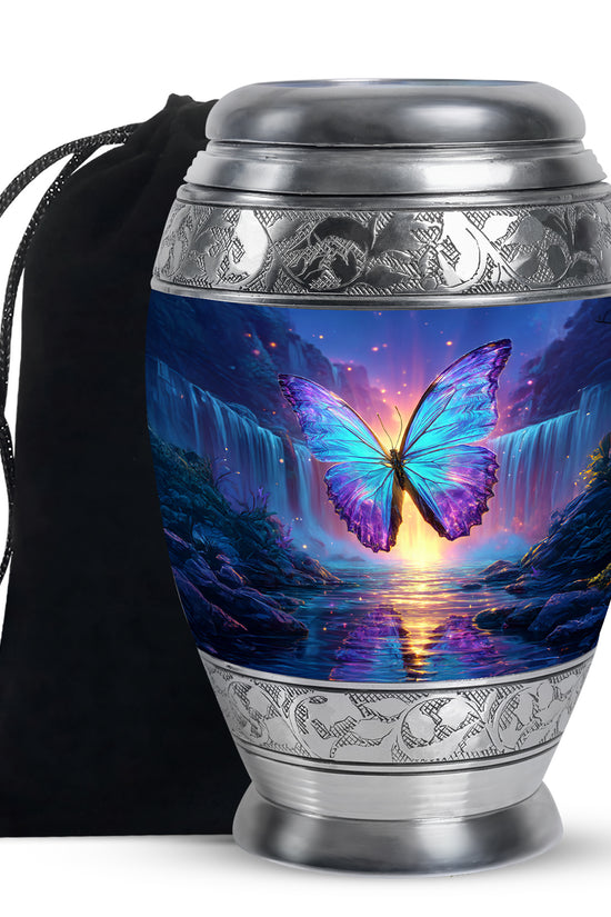Misty Blue Butterfly Cremation Urn back view with polished surface - regal butterfly design with crown-inspired accents - full-size 10 inch 200 cubic inch adult cremation urn