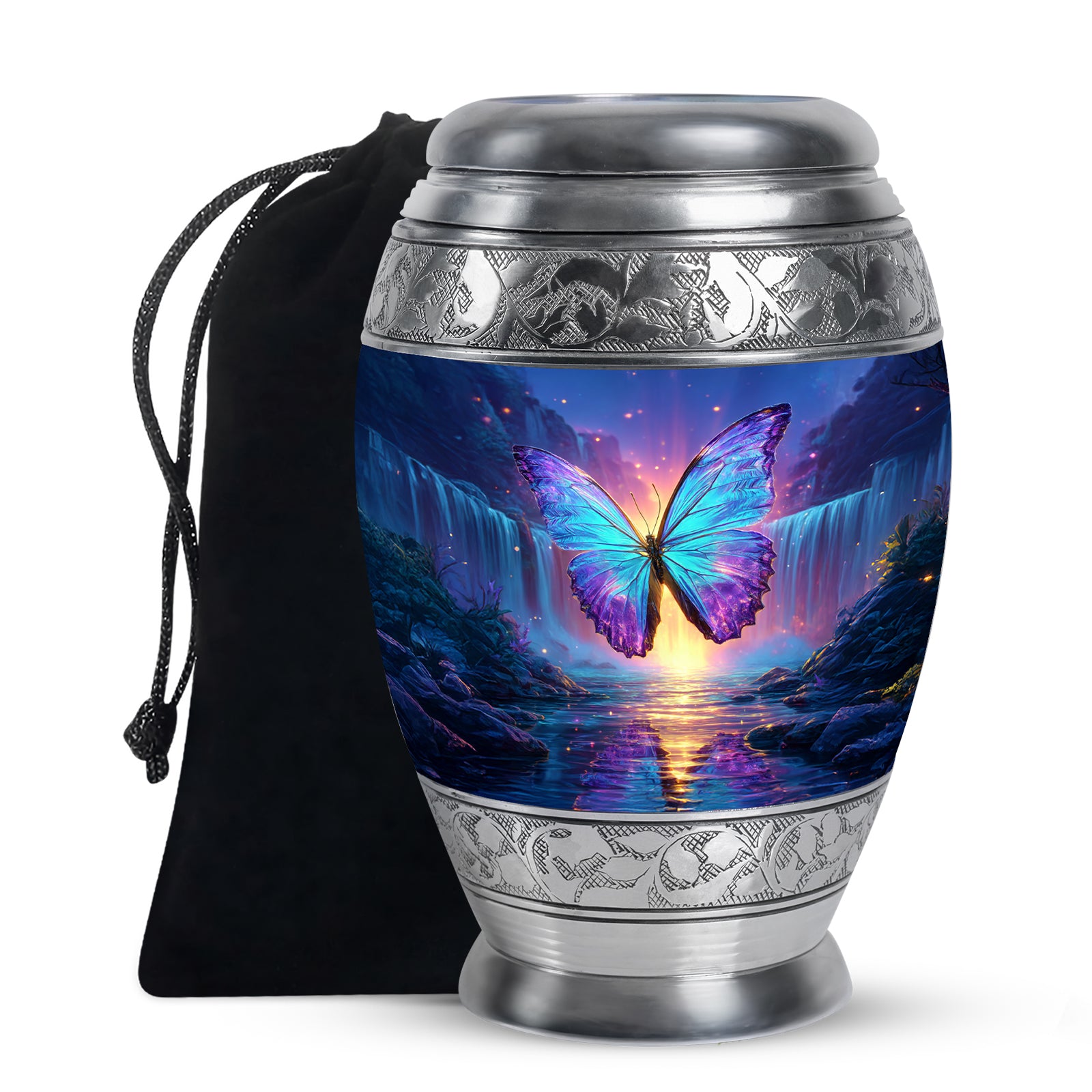 Misty Blue Butterfly Cremation Urn back view with polished surface - regal butterfly design with crown-inspired accents - full-size 10 inch 200 cubic inch adult cremation urn