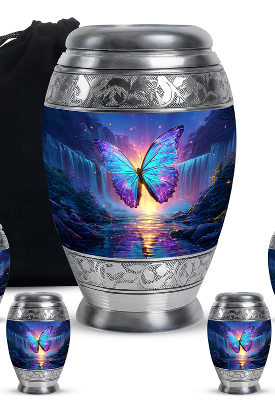 Indigo Butterfly Cremation Urn detail view - regal butterfly design with crown-inspired accents - memorial set with one large and four small urns