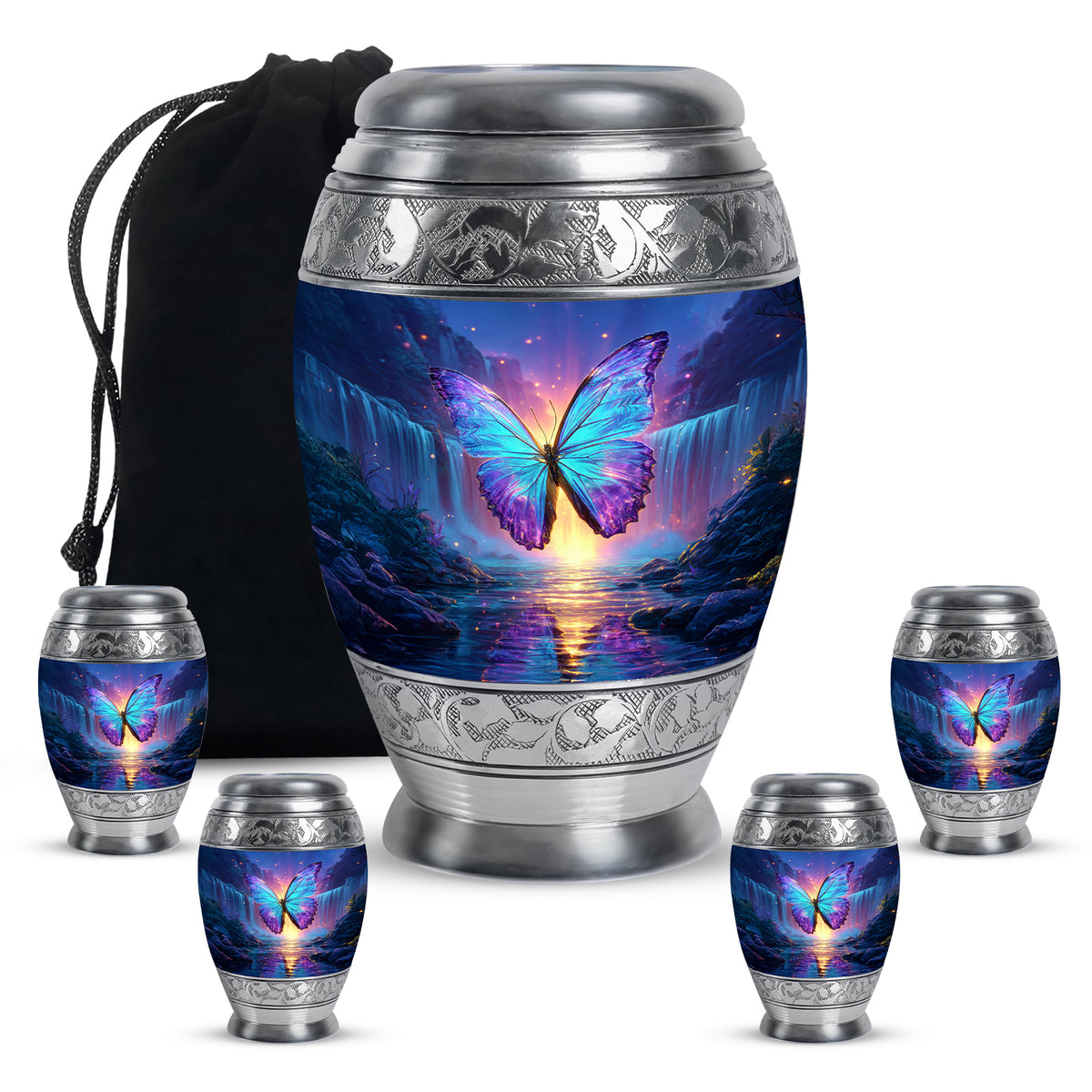 Indigo Butterfly Cremation Urn detail view - regal butterfly design with crown-inspired accents - memorial set with one large and four small urns