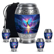 Indigo Butterfly Cremation Urn detail view - regal butterfly design with crown-inspired accents - memorial set with one large and four small urns