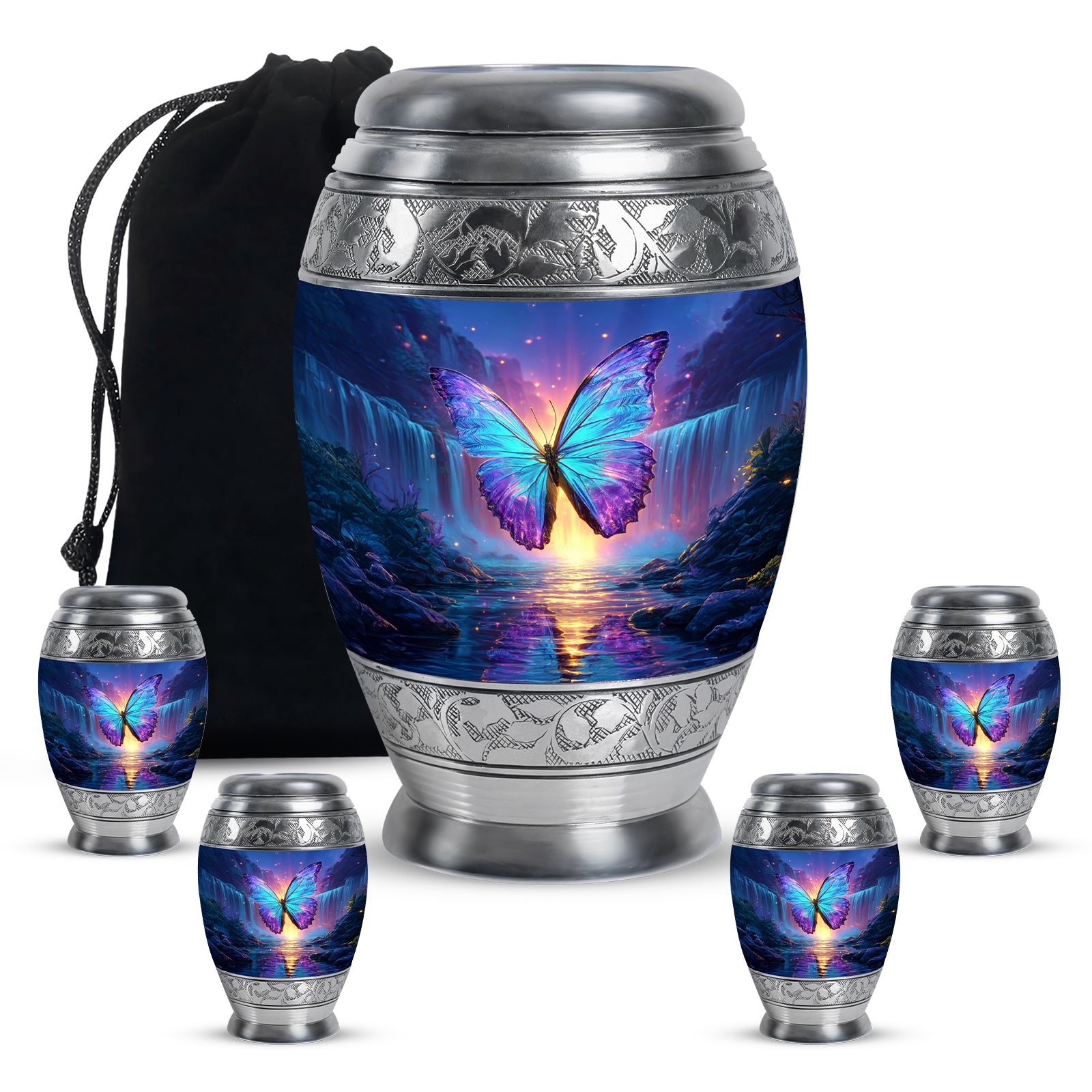 Indigo Butterfly Cremation Urn detail view - regal butterfly design with crown-inspired accents - memorial set with one large and four small urns