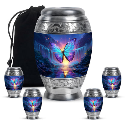 Indigo Butterfly Cremation Urn detail view - regal butterfly design with crown-inspired accents - memorial set with one large and four small urns