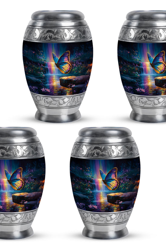 Sapphire Blue Butterfly Cremation Urn urn with complimentary velvet bag - majestic butterfly pattern with filigree border - 10 inch aluminum urn for cremated remains