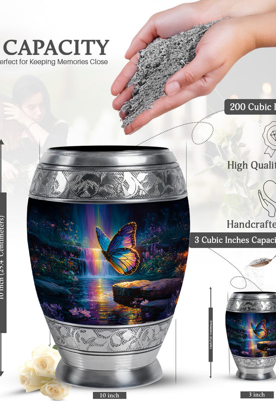 Celestial Blue Butterfly Cremation Urn lifestyle display on memorial shelf - regal butterfly design with crown-inspired accents - mini keepsake memorial for portion of cremation ashes