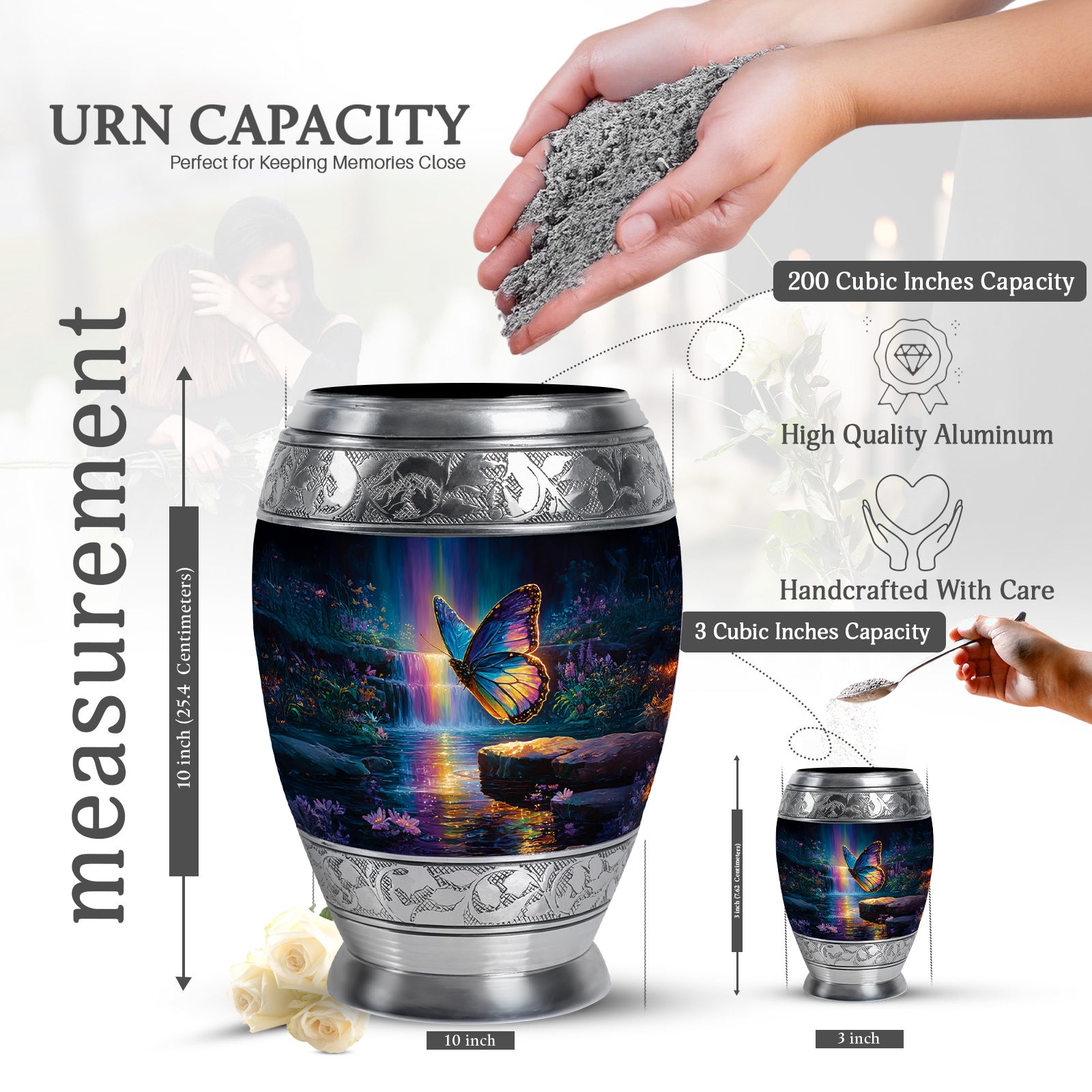 Celestial Blue Butterfly Cremation Urn lifestyle display on memorial shelf - regal butterfly design with crown-inspired accents - mini keepsake memorial for portion of cremation ashes