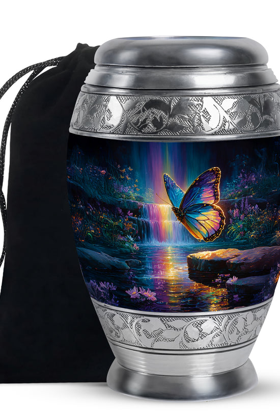 Serene Blue Butterfly Cremation Urn back view with polished surface - majestic butterfly pattern with filigree border - full-size 10 inch 200 cubic inch adult cremation urn