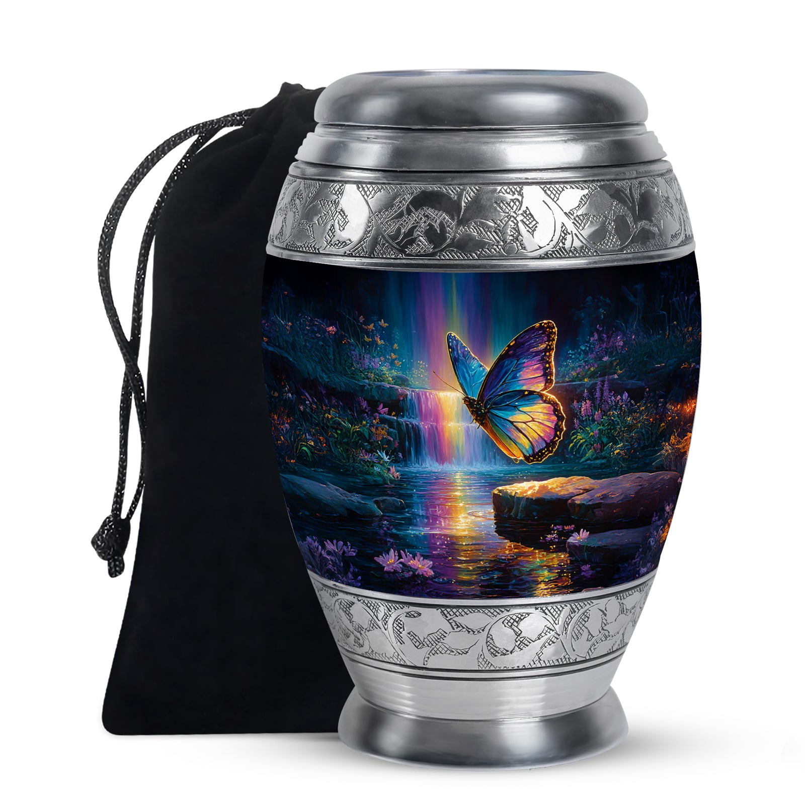 Serene Blue Butterfly Cremation Urn back view with polished surface - majestic butterfly pattern with filigree border - full-size 10 inch 200 cubic inch adult cremation urn