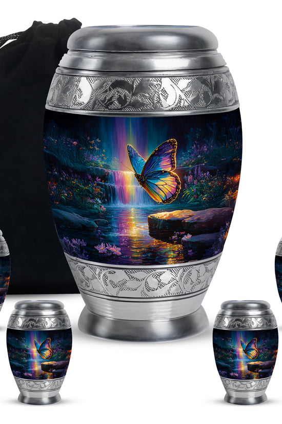 Icy Blue Butterfly Cremation Urn detail view - regal butterfly design with crown-inspired accents - memorial set with one large and four small urns