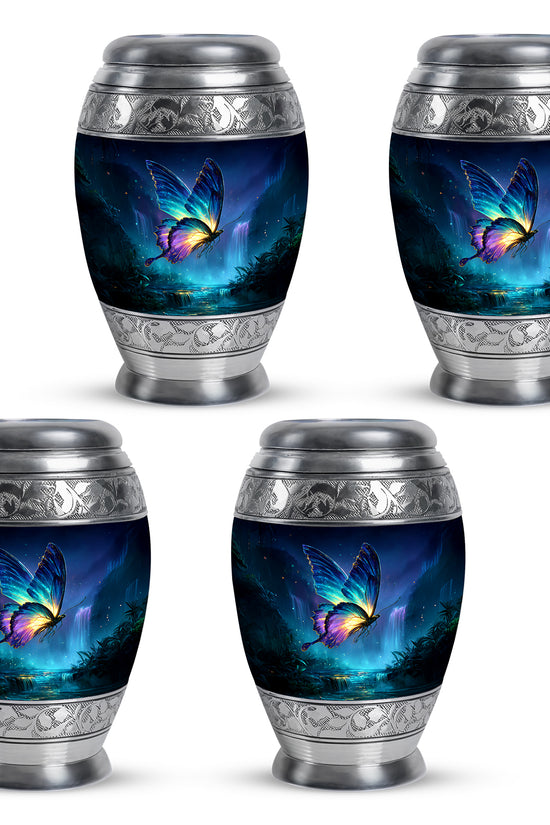 Powder Blue Butterfly Cremation Urn urn with complimentary velvet bag - regal butterfly design with crown-inspired accents - 10 inch aluminum urn for cremated remains