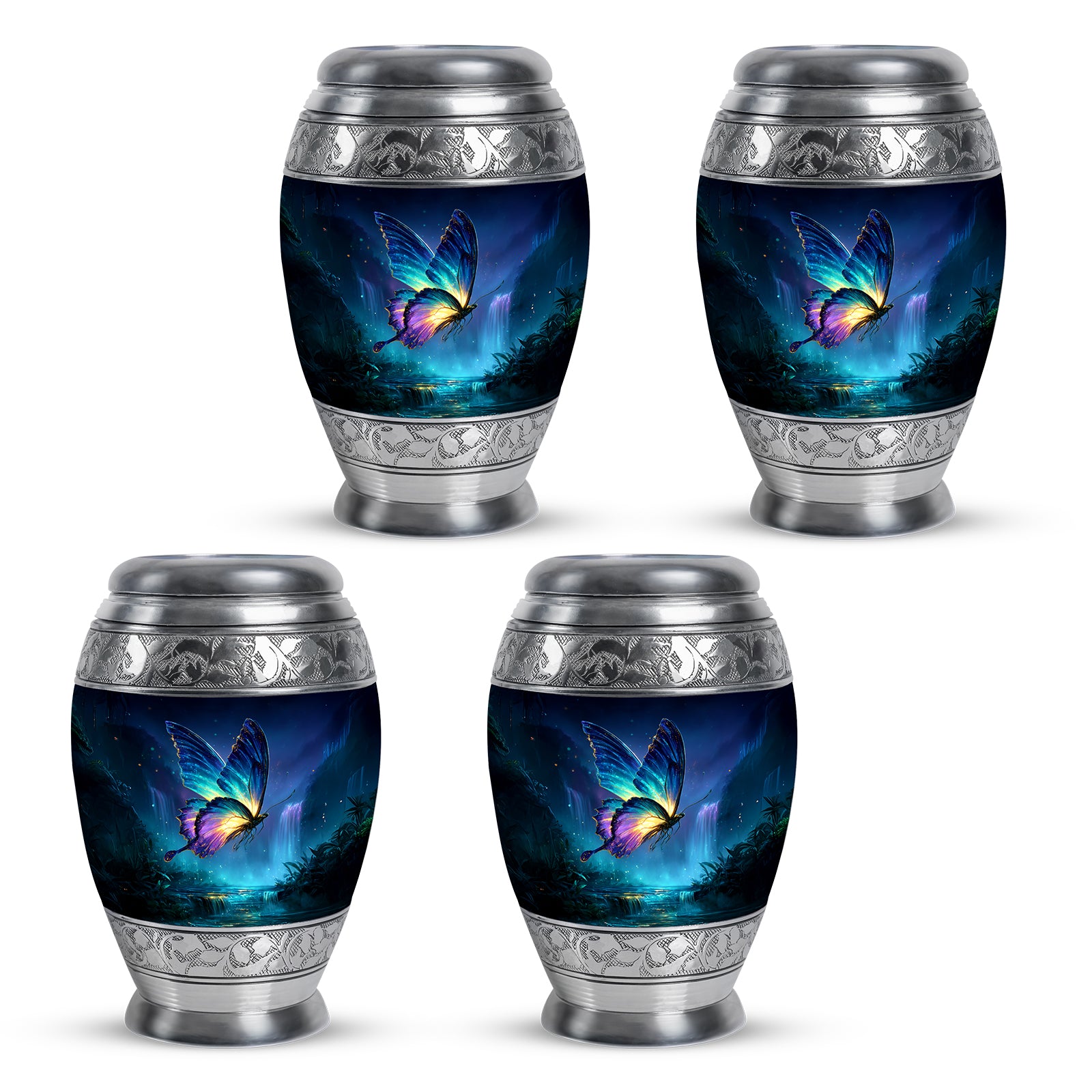 Powder Blue Butterfly Cremation Urn urn with complimentary velvet bag - regal butterfly design with crown-inspired accents - 10 inch aluminum urn for cremated remains