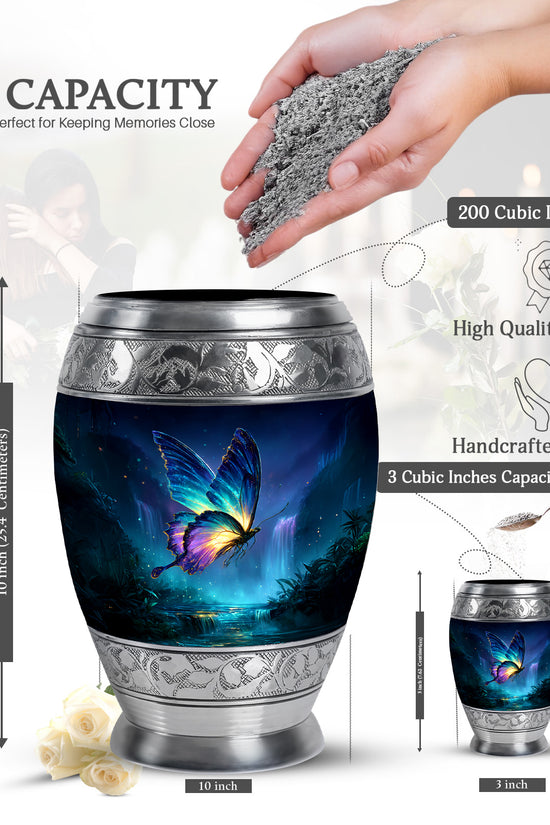 Pastel Blue Butterfly Cremation Urn lifestyle display on memorial shelf - ornate monarch-style butterfly relief on brushed aluminum - mini keepsake memorial for portion of cremation ashes